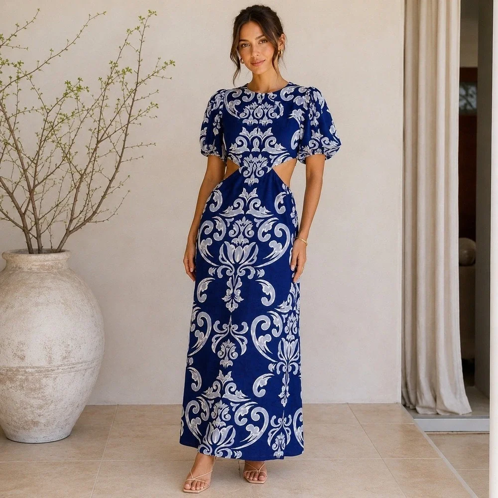 Abercrombie & Fitch Dress XS Blue Waist Cutout Damask Puff Sleeve Maxi Midi Boho